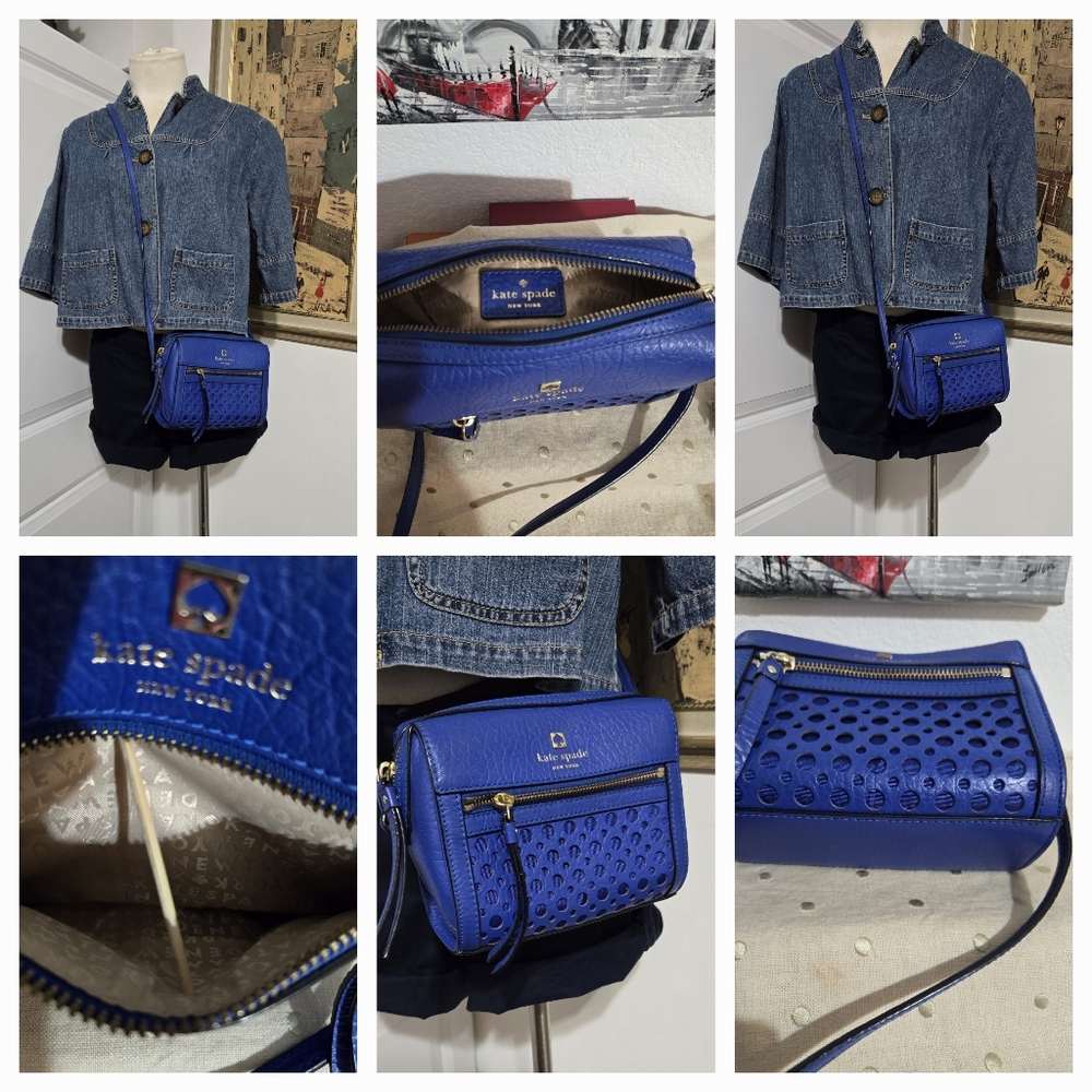 KATE SPADE NEWYORK LOO LOO PERRI LANE BLUE LEATHER PERFORATED CROSS BODY BAG